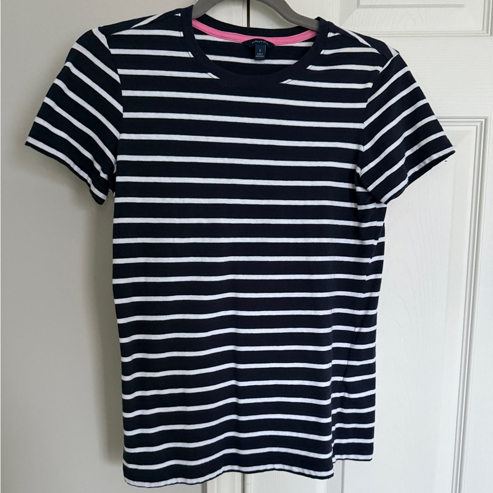 Nautica Navy and White Striped Tee - Size S